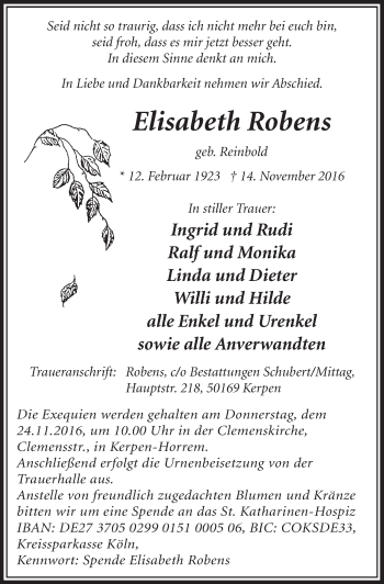 Anzeige von Elisabeth Robens von  Sonntags-Post 