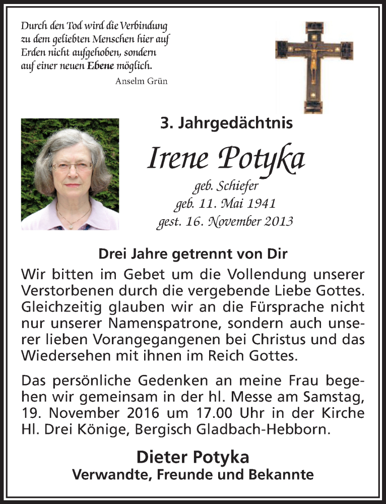  Traueranzeige für Irene Potyka vom 12.11.2016 aus  Bergisches Sonntagsblatt 