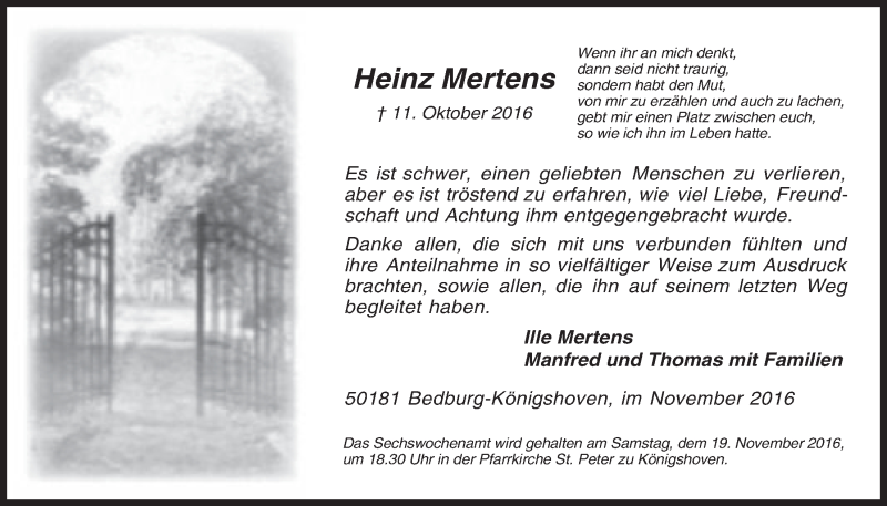  Traueranzeige für Heinz Mertens vom 16.11.2016 aus  Werbepost 
