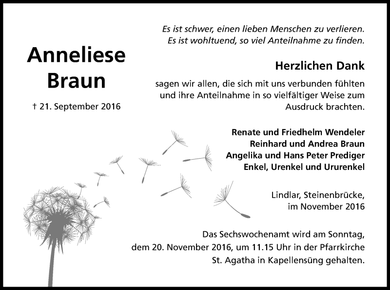  Traueranzeige für Anneliese Braun vom 12.11.2016 aus Kölner Stadt-Anzeiger / Kölnische Rundschau / Express