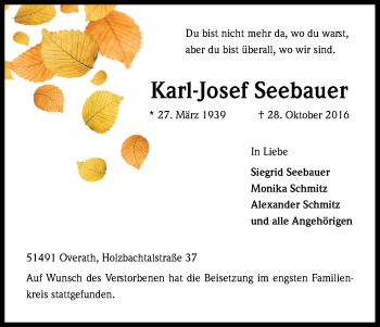 Anzeige von Karl-Josef Seebauer von Kölner Stadt-Anzeiger / Kölnische Rundschau / Express