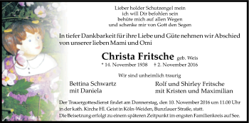 Anzeige von Christa Fritsche von Kölner Stadt-Anzeiger / Kölnische Rundschau / Express