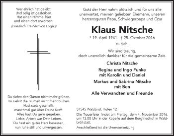 Anzeige von Klaus Nitsche von  Lokalanzeiger 