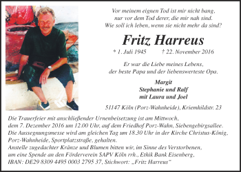 Anzeige von Fritz Harreus von  Kölner Wochenspiegel 