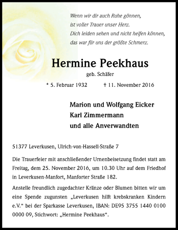 Anzeige von Hermine Peekhaus von Kölner Stadt-Anzeiger / Kölnische Rundschau / Express