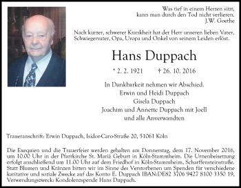 Anzeige von Hans Duppach von Kölner Stadt-Anzeiger / Kölnische Rundschau / Express
