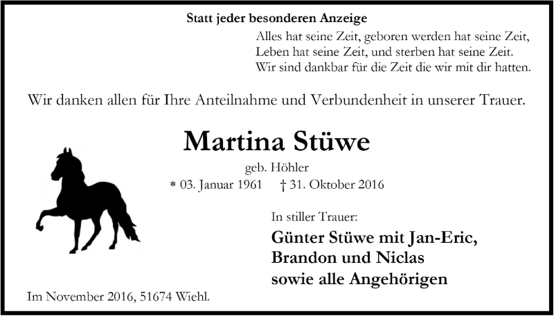  Traueranzeige für Martina Stüwe vom 23.11.2016 aus  Anzeigen Echo 