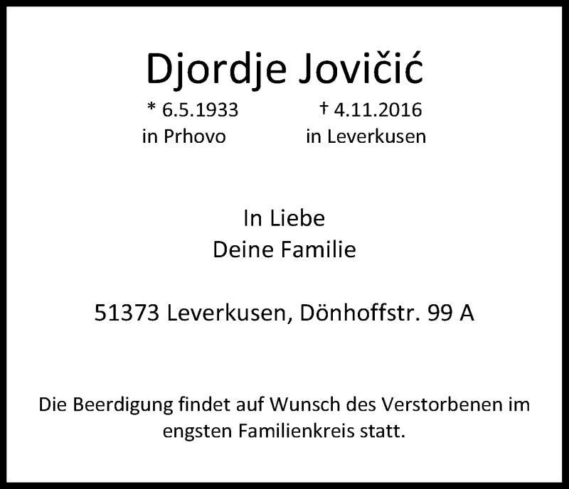  Traueranzeige für Djordje Jovicic vom 08.11.2016 aus Kölner Stadt-Anzeiger / Kölnische Rundschau / Express