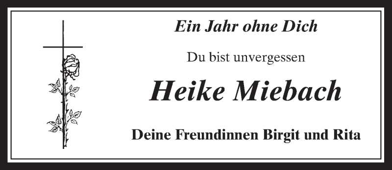  Traueranzeige für Heike Miebach vom 23.11.2016 aus  Wochenende 