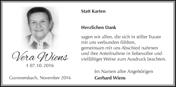 Anzeige von Vera Wiens von  Anzeigen Echo 