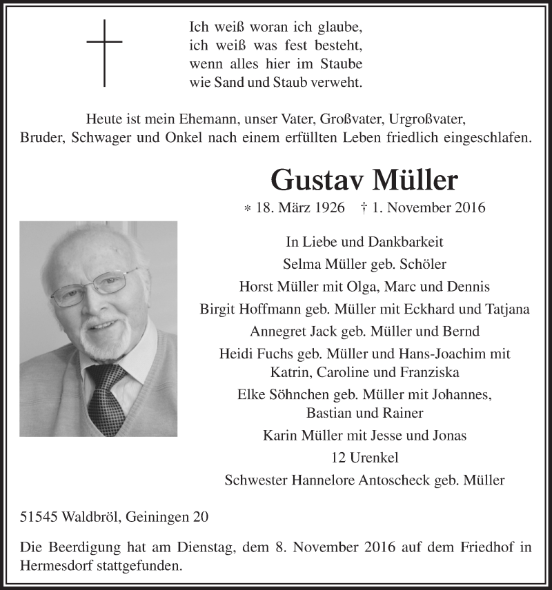  Traueranzeige für Gustav Müller vom 09.11.2016 aus  Lokalanzeiger 