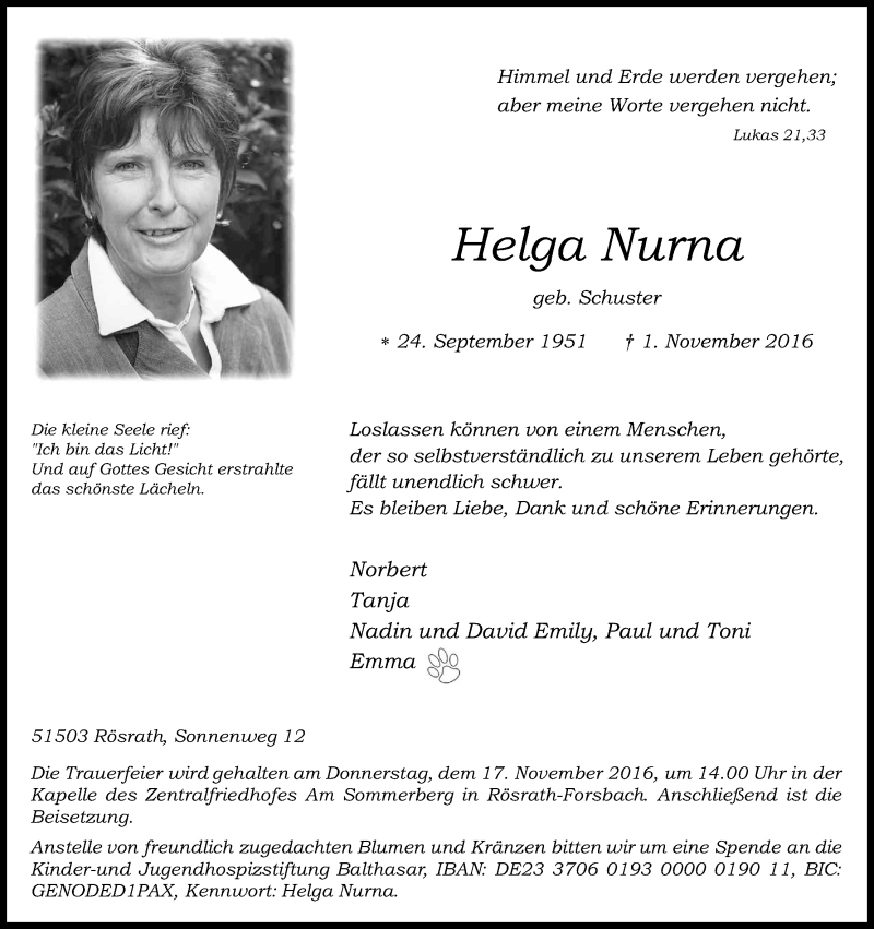  Traueranzeige für Helga Nurna vom 05.11.2016 aus Kölner Stadt-Anzeiger / Kölnische Rundschau / Express