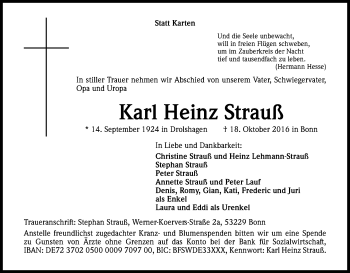 Anzeige von Karl Heinz Strauß von Kölner Stadt-Anzeiger / Kölnische Rundschau / Express