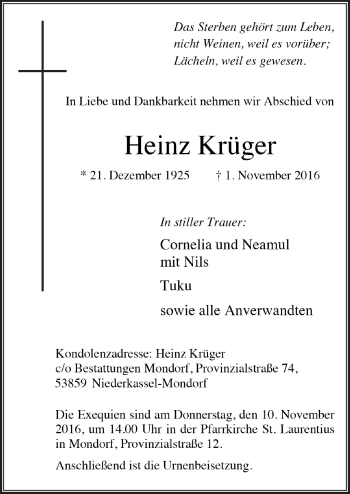 Anzeige von Heinz Krüger von  Extra Blatt 