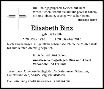 Anzeige von Elisabeth Binz von Kölner Stadt-Anzeiger / Kölnische Rundschau / Express