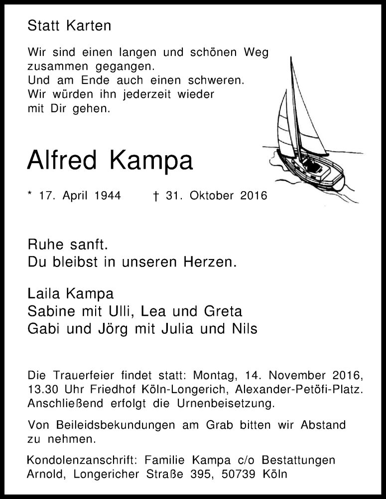  Traueranzeige für Alfred Kampa vom 05.11.2016 aus Kölner Stadt-Anzeiger / Kölnische Rundschau / Express