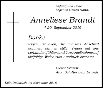 Anzeige von Anneliese Brandt von Kölner Stadt-Anzeiger / Kölnische Rundschau / Express