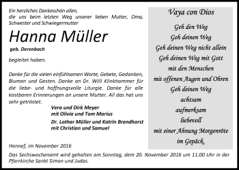 Anzeige von Hanna Müller von Kölner Stadt-Anzeiger / Kölnische Rundschau / Express