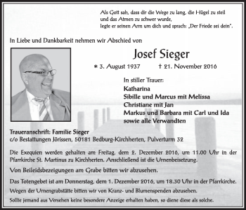 Anzeige von Josef Sieger von  Sonntags-Post 