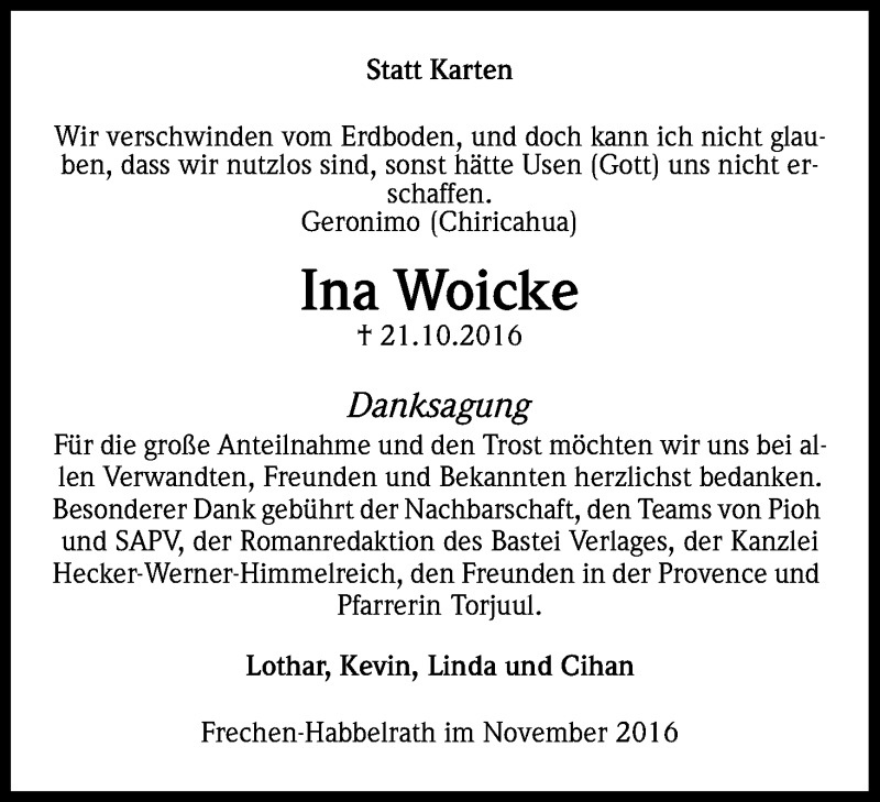  Traueranzeige für Ina Woicke vom 10.11.2016 aus Kölner Stadt-Anzeiger / Kölnische Rundschau / Express