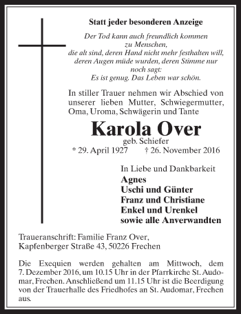 Anzeige von Karola Over von  Wochenende 
