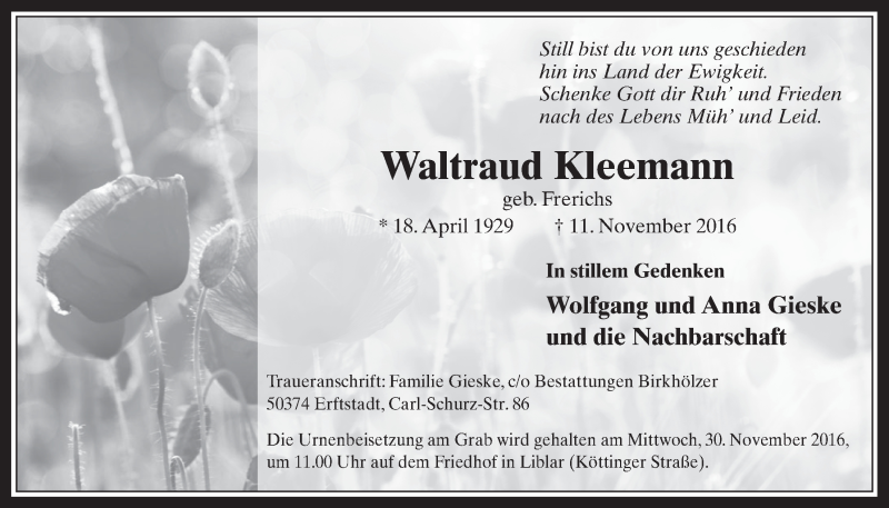  Traueranzeige für Waltraud Kleemann vom 23.11.2016 aus  Werbepost 