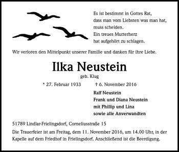 Anzeige von Ilka Neustein von Kölner Stadt-Anzeiger / Kölnische Rundschau / Express