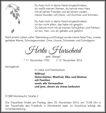 Anzeige von Herta Harscheid von  Lokalanzeiger 