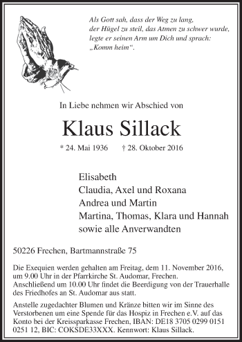 Anzeige von Klaus Sillack von  Sonntags-Post 