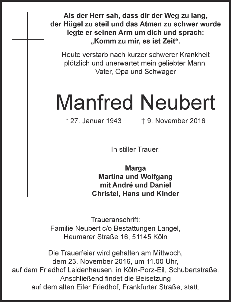  Traueranzeige für Manfred Neubert vom 16.11.2016 aus  Kölner Wochenspiegel 