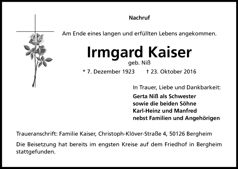  Traueranzeige für Irmgard Kaiser vom 10.11.2016 aus Kölner Stadt-Anzeiger / Kölnische Rundschau / Express