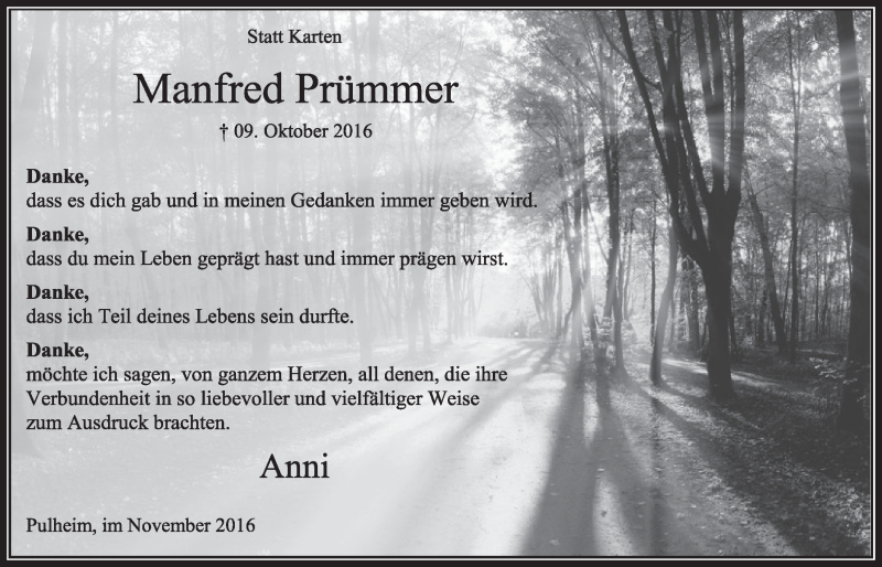  Traueranzeige für Manfred Prümmer vom 19.11.2016 aus  Sonntags-Post 