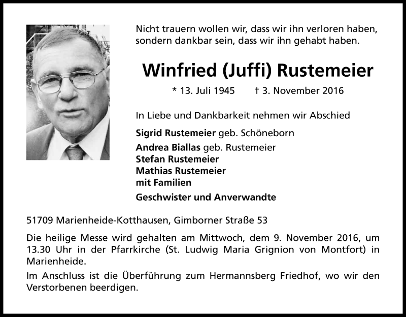 Traueranzeige für Winfried Rustemeier vom 05.11.2016 aus Kölner Stadt-Anzeiger / Kölnische Rundschau / Express