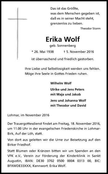 Anzeige von Erika Wolf von Kölner Stadt-Anzeiger / Kölnische Rundschau / Express