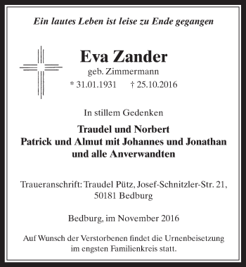 Anzeige von Eva Zander von  Sonntags-Post 