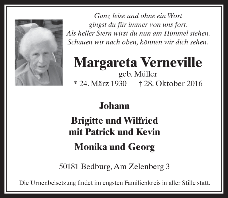  Traueranzeige für Margareta Verneville vom 09.11.2016 aus  Werbepost 