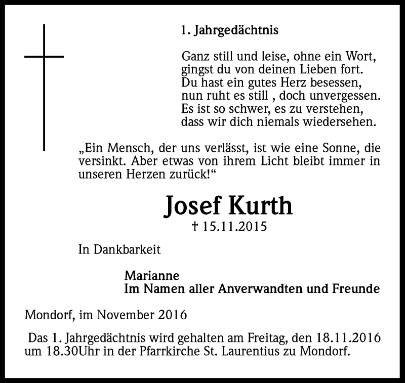 Traueranzeige für Josef Kurth vom 12.11.2016 aus Kölner Stadt-Anzeiger / Kölnische Rundschau / Express