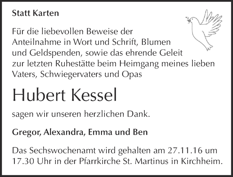  Traueranzeige für Hubert Kessel vom 19.11.2016 aus  Blickpunkt Euskirchen 