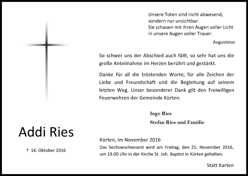 Traueranzeige für Addi Ries vom 19.11.2016 aus Kölner Stadt-Anzeiger / Kölnische Rundschau / Express