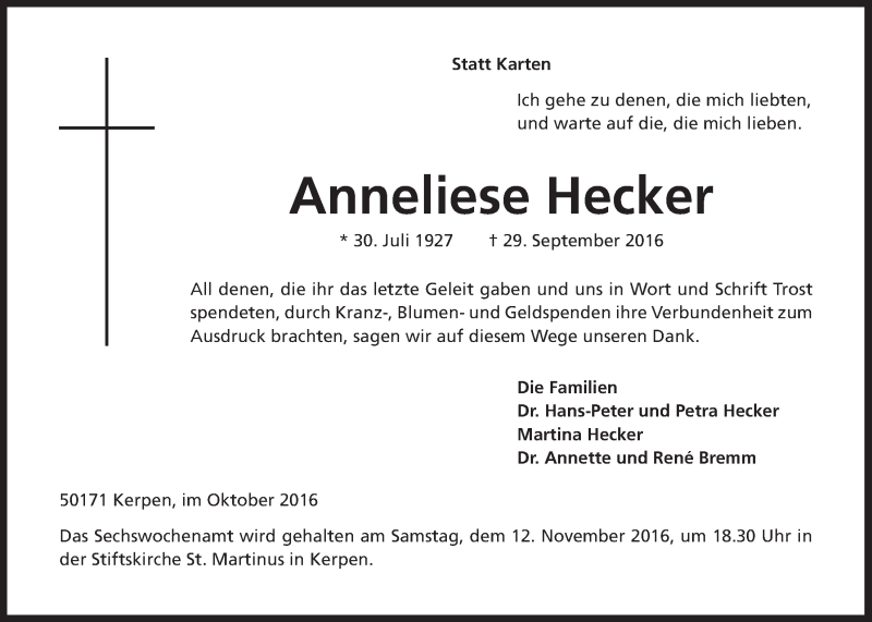  Traueranzeige für Anneliese Hecker vom 02.11.2016 aus  Werbepost 