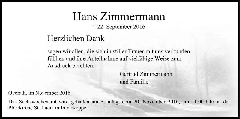  Traueranzeige für Hans Zimmermann vom 10.11.2016 aus Kölner Stadt-Anzeiger / Kölnische Rundschau / Express