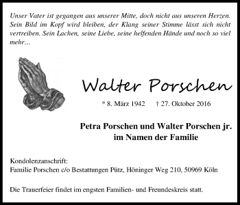 Anzeige von Walter Porschen von Kölner Stadt-Anzeiger / Kölnische Rundschau / Express