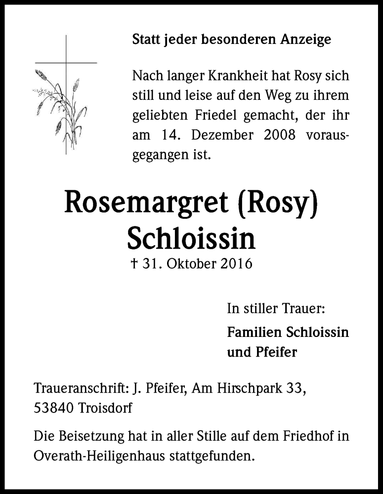  Traueranzeige für Rosemargret Schloissin vom 19.11.2016 aus Kölner Stadt-Anzeiger / Kölnische Rundschau / Express