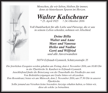 Anzeige von Walter Kalscheuer von  Werbepost 