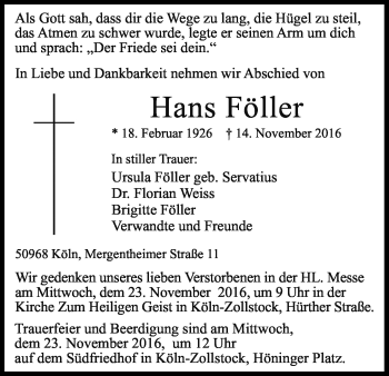 Anzeige von Hans Föller von Kölner Stadt-Anzeiger / Kölnische Rundschau / Express