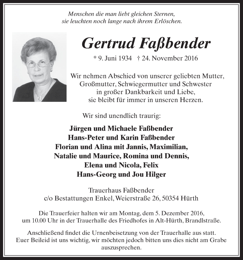  Traueranzeige für Gertrud Faßbender vom 30.11.2016 aus  Wochenende 
