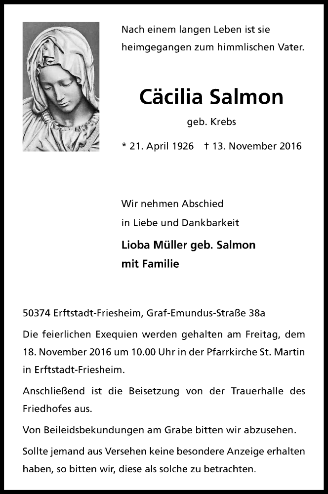  Traueranzeige für Cäcilia Salmon vom 16.11.2016 aus Kölner Stadt-Anzeiger / Kölnische Rundschau / Express