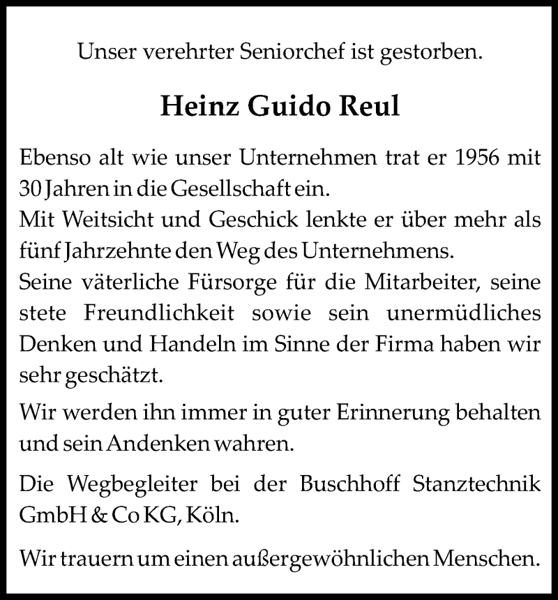  Traueranzeige für Heinz Guido Reul vom 29.11.2016 aus Kölner Stadt-Anzeiger / Kölnische Rundschau / Express