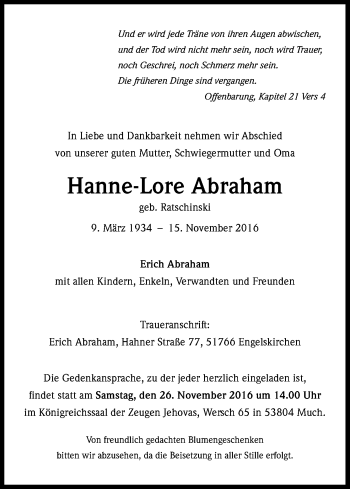 Anzeige von Hannelore Abraham von Kölner Stadt-Anzeiger / Kölnische Rundschau / Express