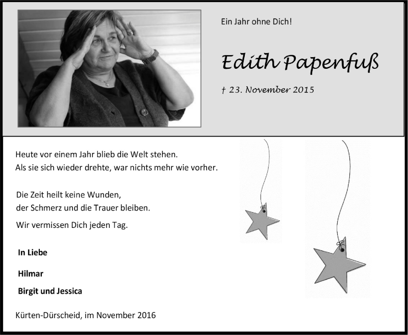  Traueranzeige für Edith Papenfuß vom 23.11.2016 aus  Bergisches Handelsblatt 
